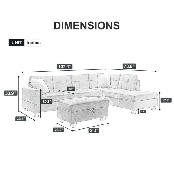 107 Fabric Sectional Sofa Couch with Storage Otto...