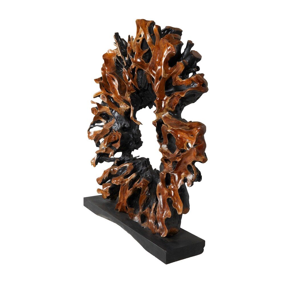 Brown Teak Wood Handmade Large Oversized Tree Root Floor Abstract Sculpture with Live Edge Teak Base