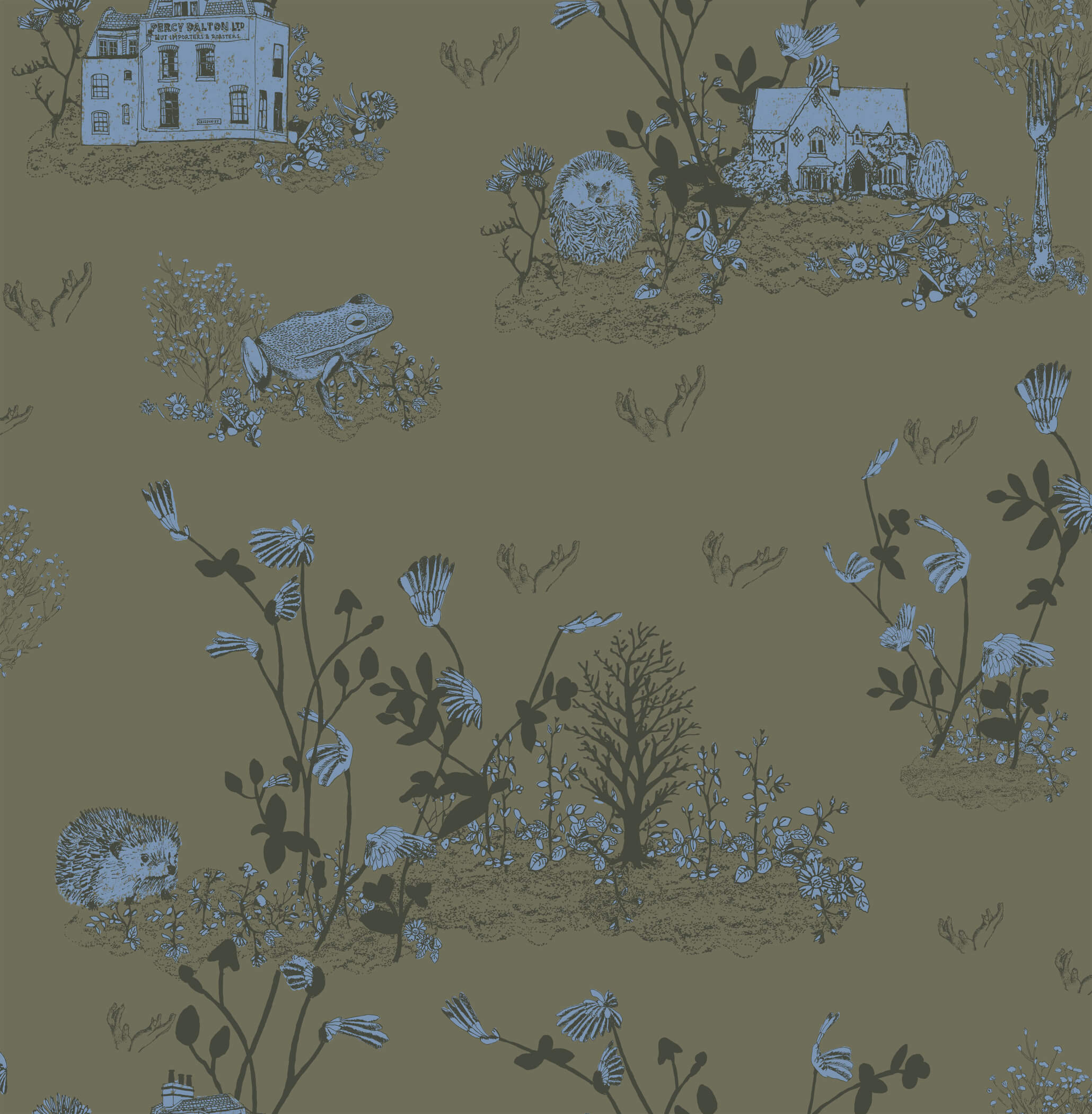 Classic Woodlands Wallpaper in Khaki and Blue