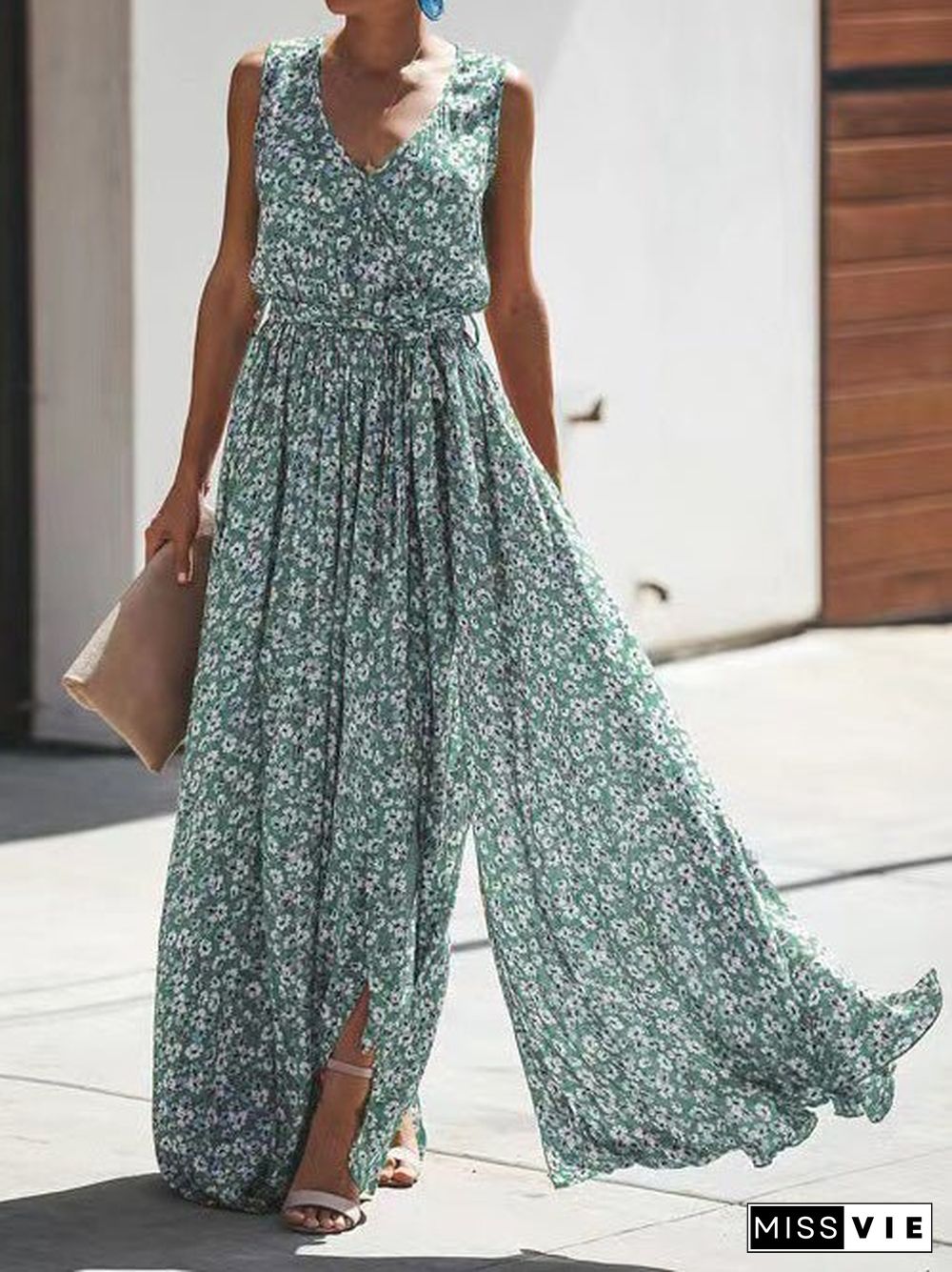 Women'S Dresses Floral Print V-Neck Sleeveless Slit Dress