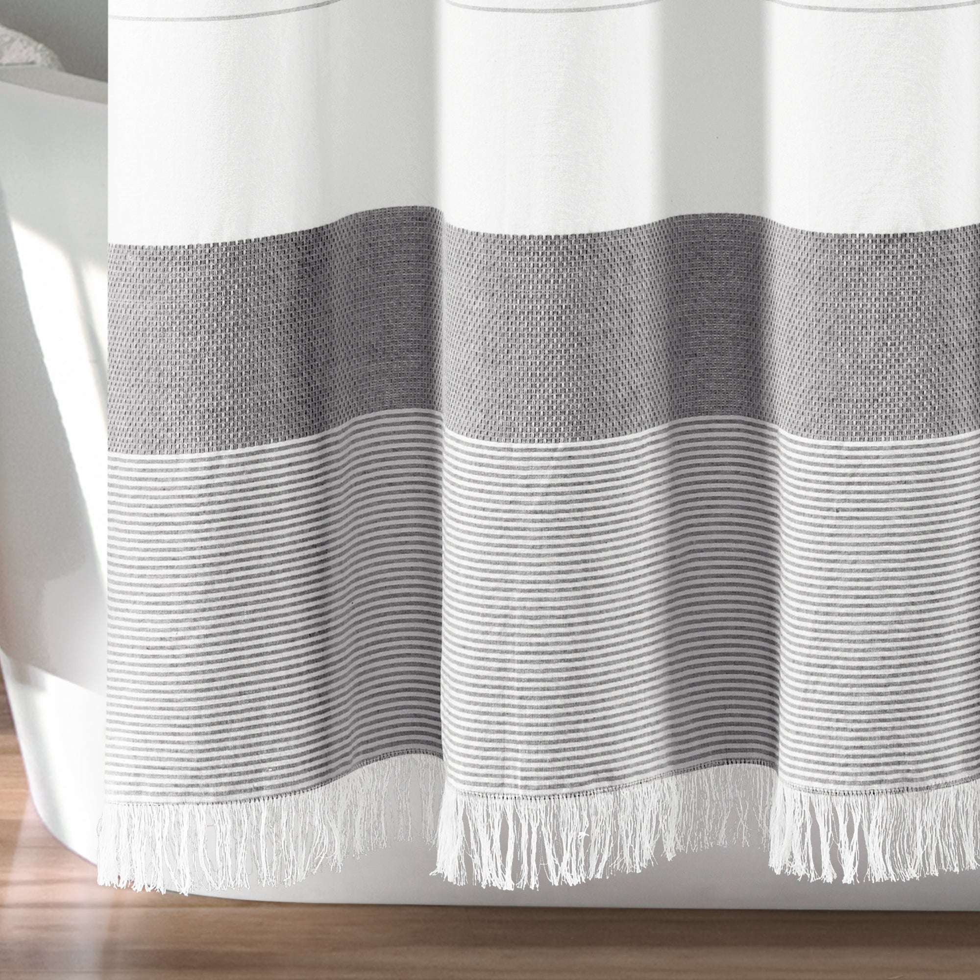 Stripe Yarn Dyed Tassel Fringe Woven Cotton Shower Curtain