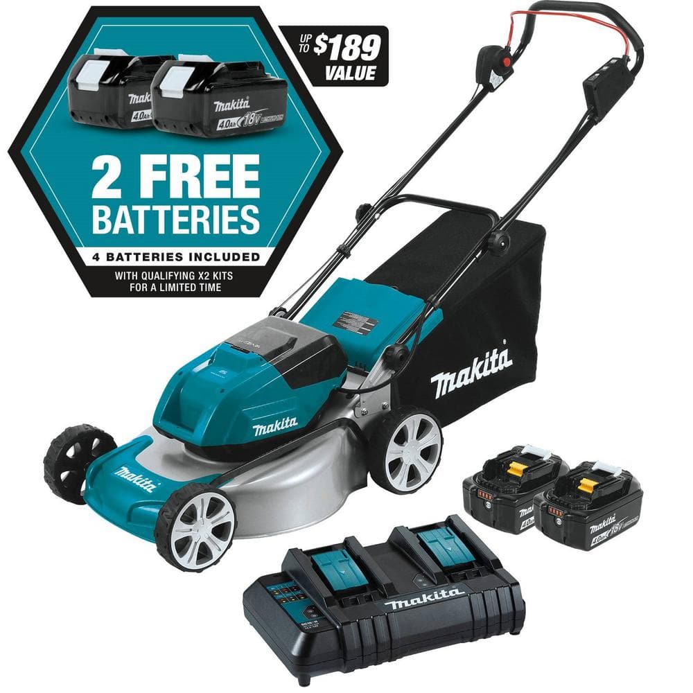 Makita 18 in. 18-Volt X2 (36-Volt) LXT Lithium-Ion Cordless Walk Behind Push Lawn Mower Kit with 4 Batteries (4.0 Ah) XML03CM1