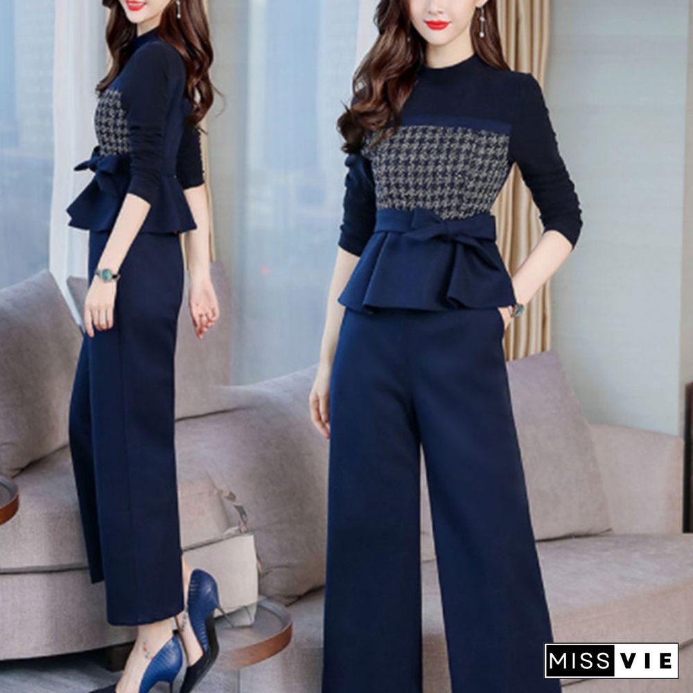 Autumn Winter Elegant Two Piece Sets Outfits Women Plus Size Long Sleeve Bow Tops And Wide Leg Pants Suits Office Sets