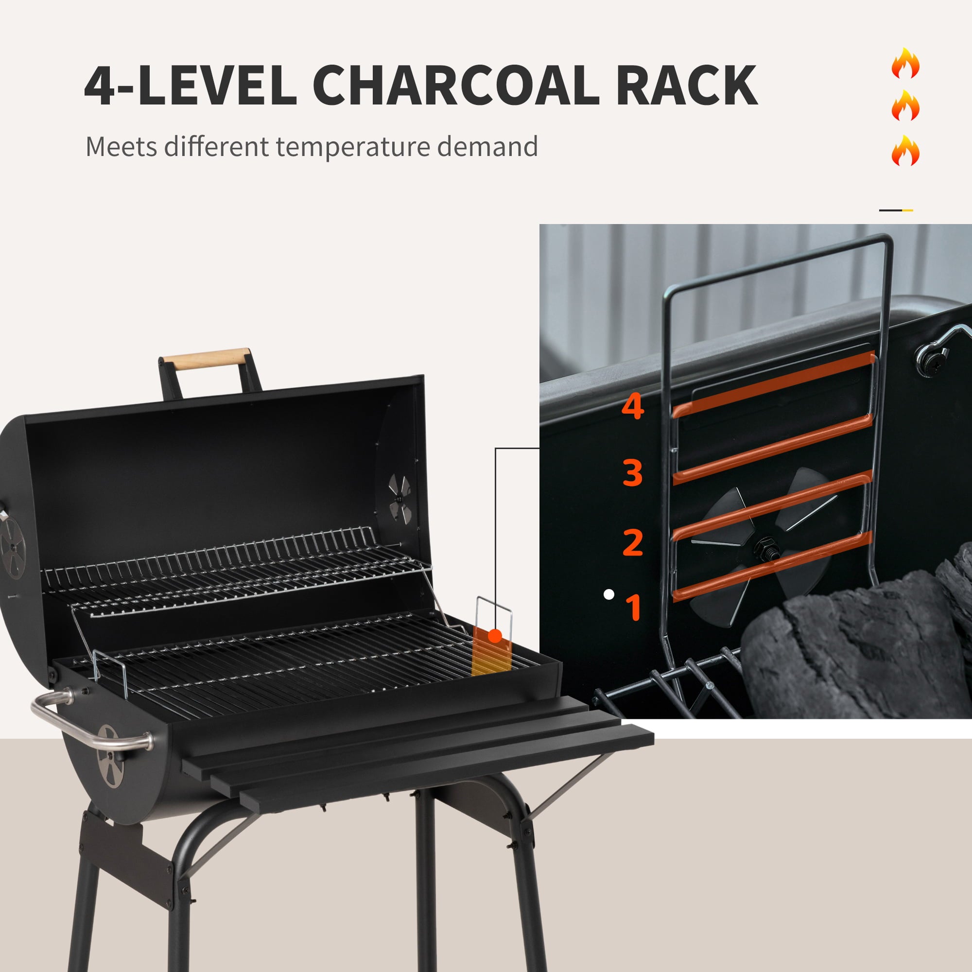 Outsunny 30" Portable Charcoal BBQ Grill Carbon Steel Outdoor Barbecue with Adjustable Charcoal Rack, Storage Shelf, Wheel, for Garden Camping Picnic