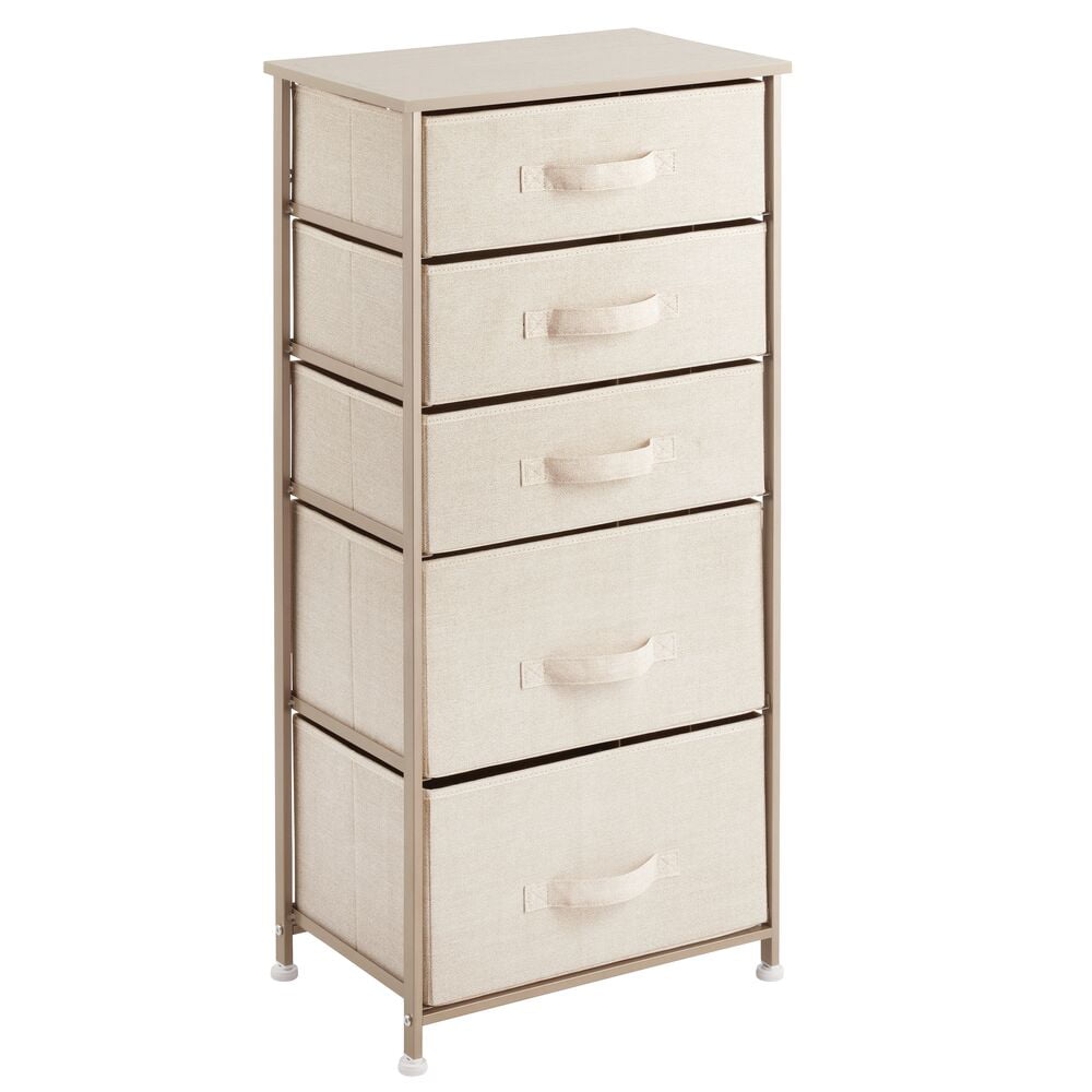 mDesign Storage Dresser Furniture Unit - Tall Standing Organizer Tower for Bedroom, Office, Living Room, and Closet - 5 Drawer Removable Fabric Bins - Cream/Gold