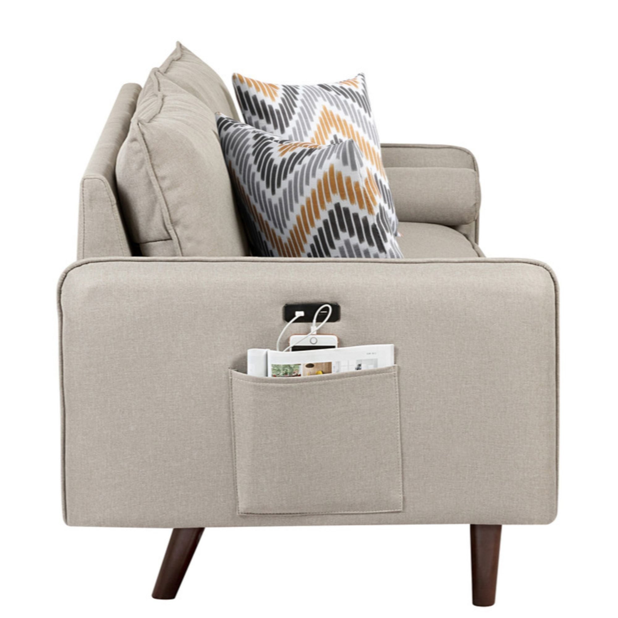 5.75' Cream Beige Mid-Century Modern Sofa and Loveseat Living Room Set with USB Charging Ports and Pillows