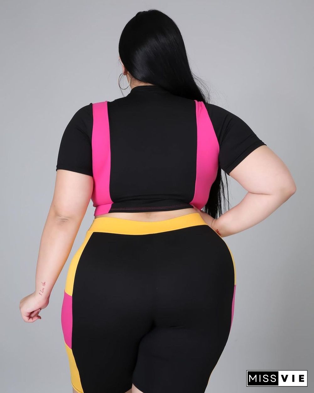 Women Plus Size Set Patchwork Short Sleeve Crop Tops Stretchy Shorts Tracksuit Summer Two Piece Outfits