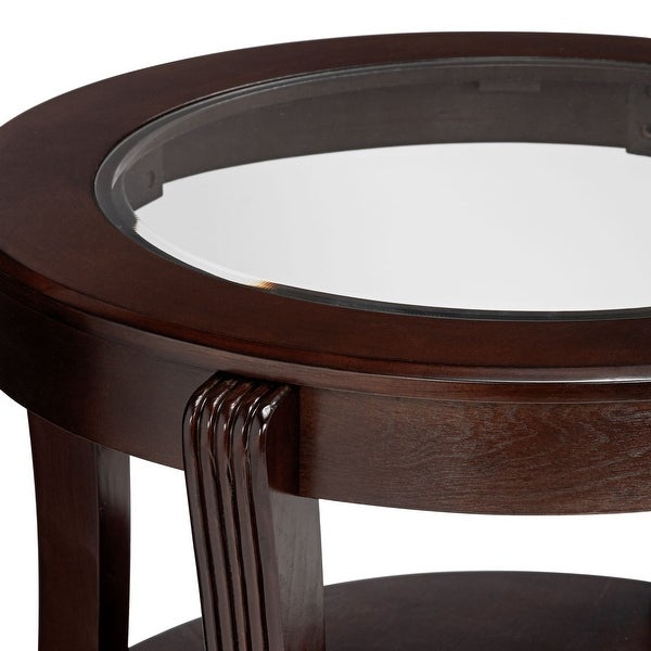 Oval Top Wooden End Table with Glass Insert and Open Shelf， Espresso Brown