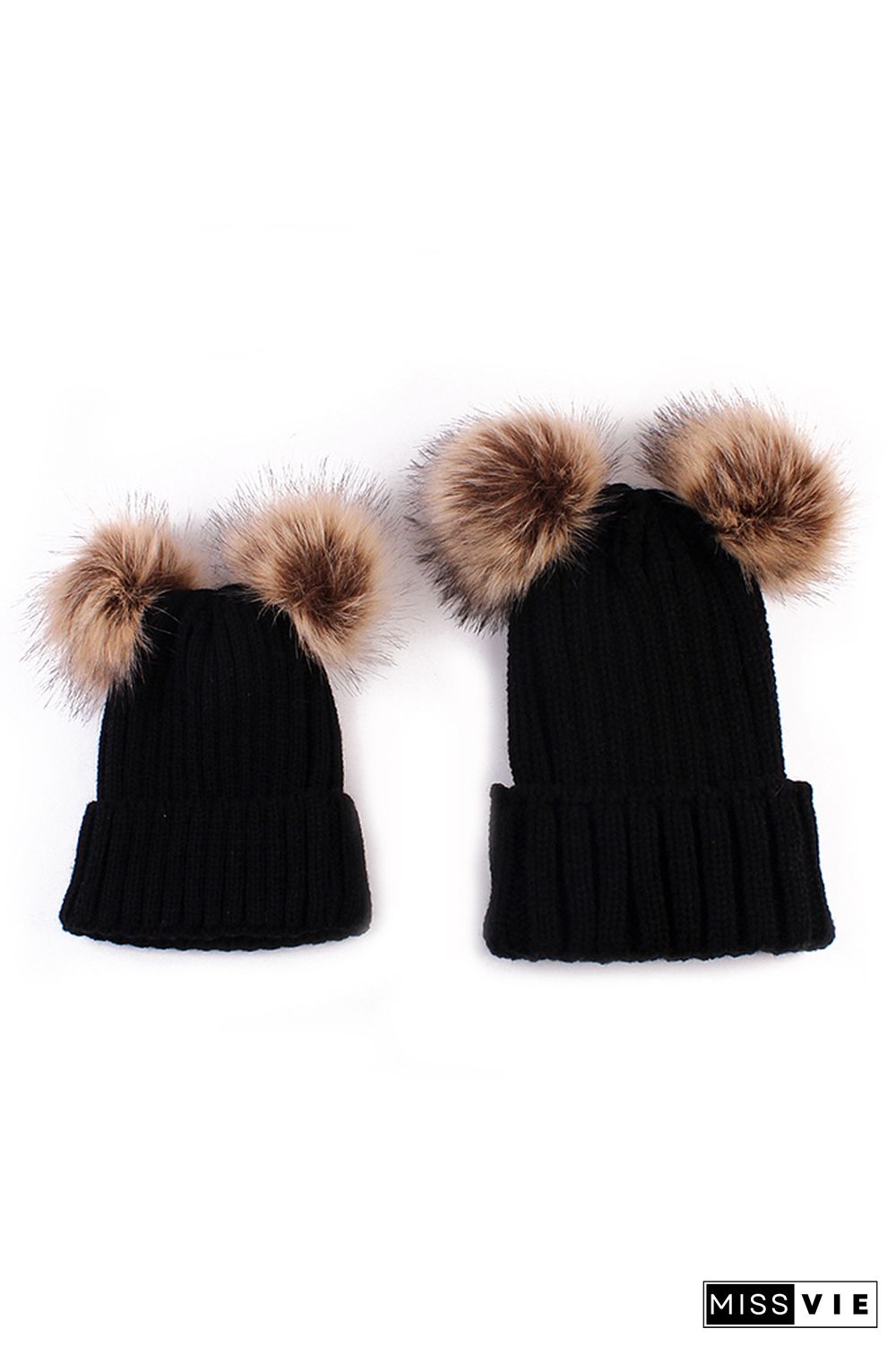 Parent-child Solid Double Wool Ball Knitted Hat 2pcs Set Wholesale MOQ3pcs