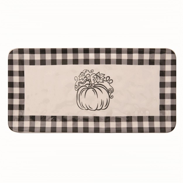 Transpac Ceramic White Harvest Buffalo Check Pumpkin Tray