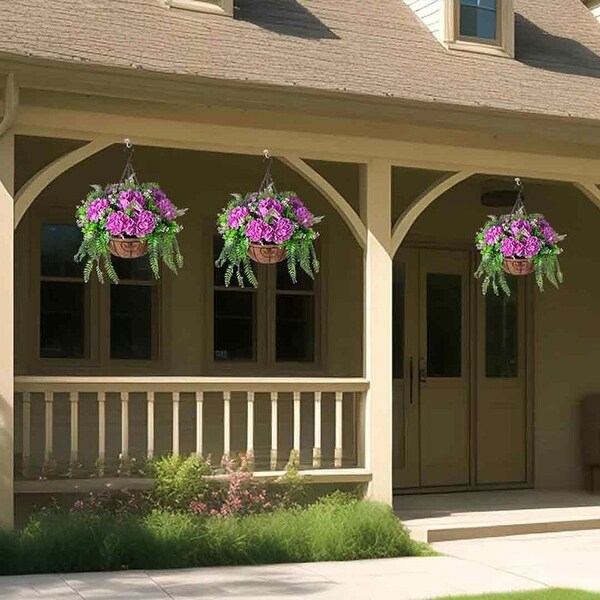 Artificial Flowers in Hanging Basket Planter for Home Spring Summer Decoration，Silk Hydrangea Outdoor Indoor Arrangements