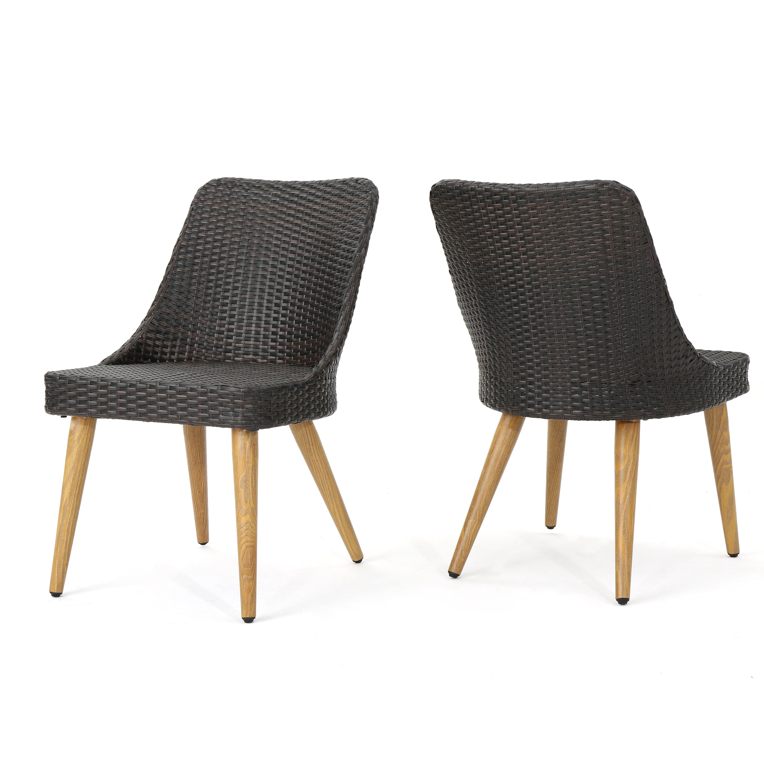 Desmond Outdoor Wicker Dining Chairs with Wood Finished Metal Legs (Set of 2)