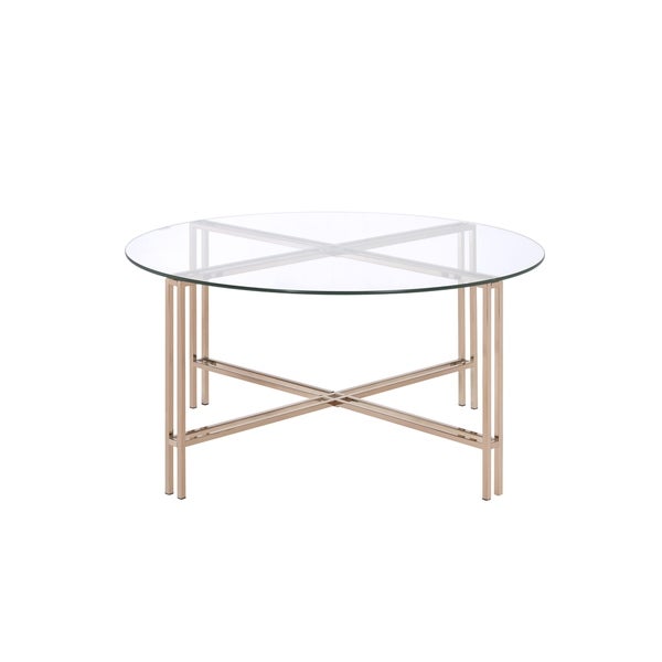 Coffee Table with X Shaped Metal Base and Round Glass Top， Gold