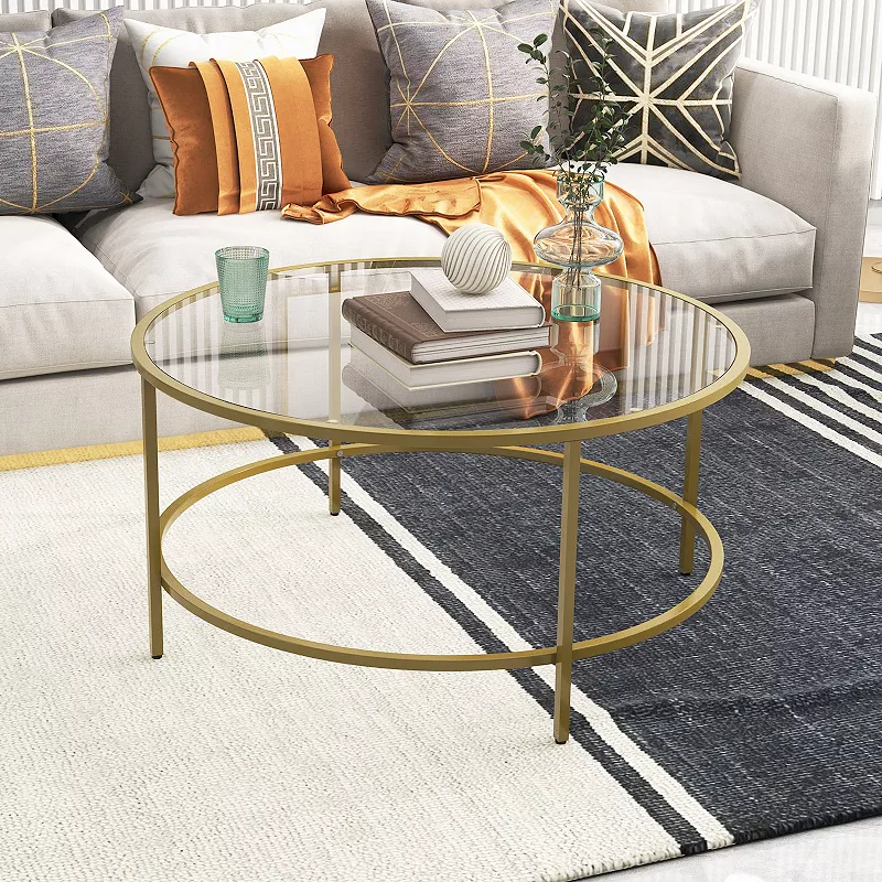 Round Coffee Table With Tempered Glass Tabletop