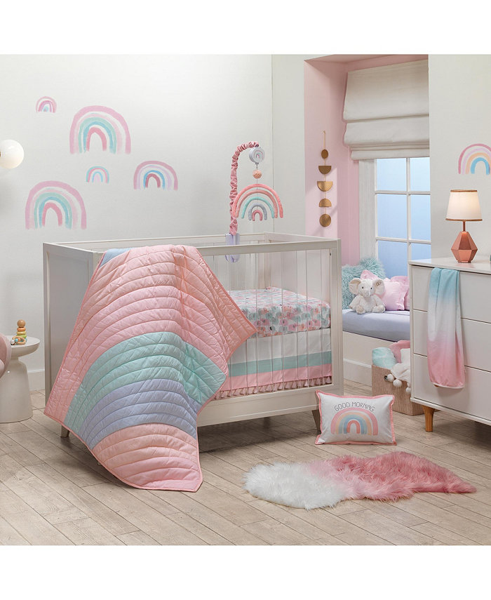 Lambs and Ivy Watercolor Pastel Pink Mint Rainbow 5-Piece Baby Crib Bedding Set