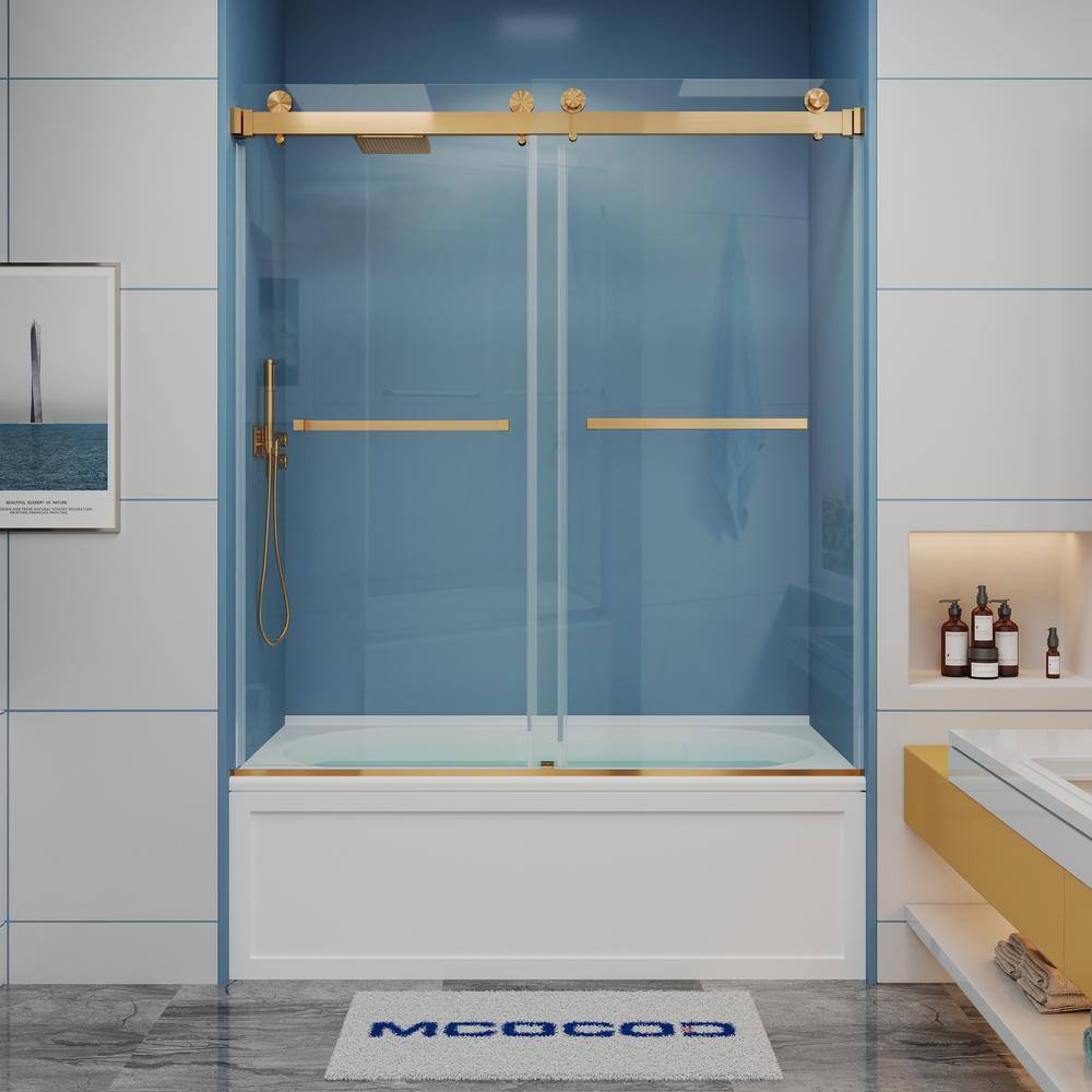 MCOCOD 60 in. W x 60 in. H Double Sliding Frameless Tub Door in Brushed Gold with Smooth Sliding and 38 in.(10 mm) Clear Glass DS01-60x60-BG