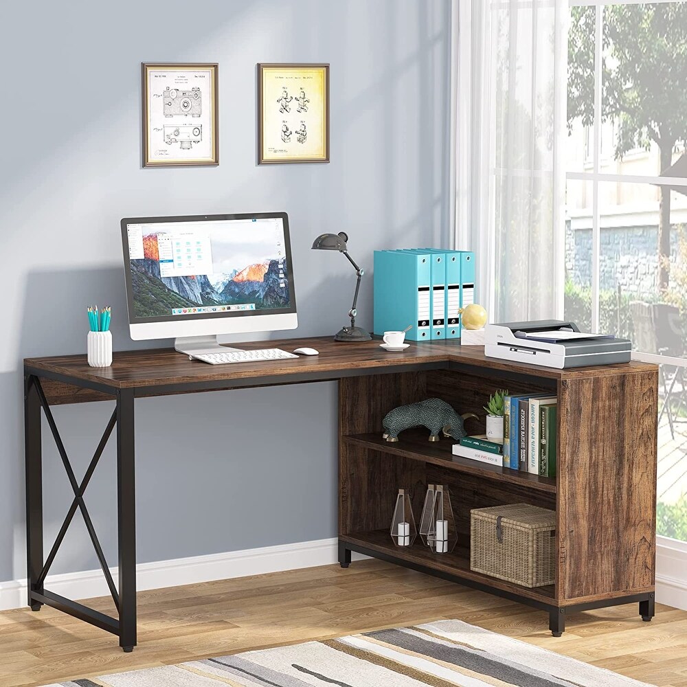 Industrial L Shaped Desk with Storage Shelves  Corner Computer Desk PC Laptop Study Table Workstation