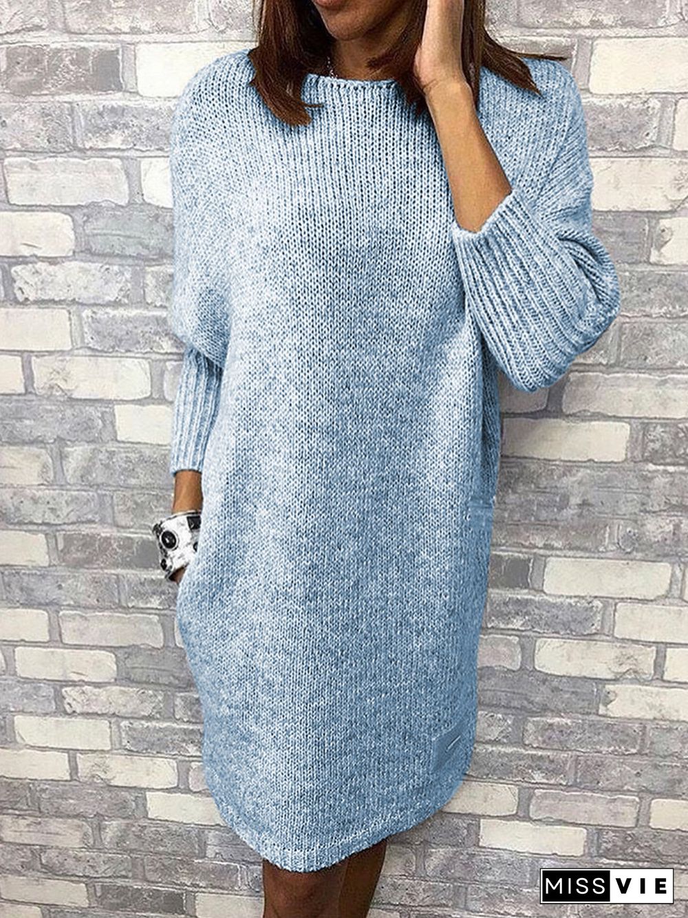 Women Caftan Pockets Shift Casual Knitted Weaving Dress