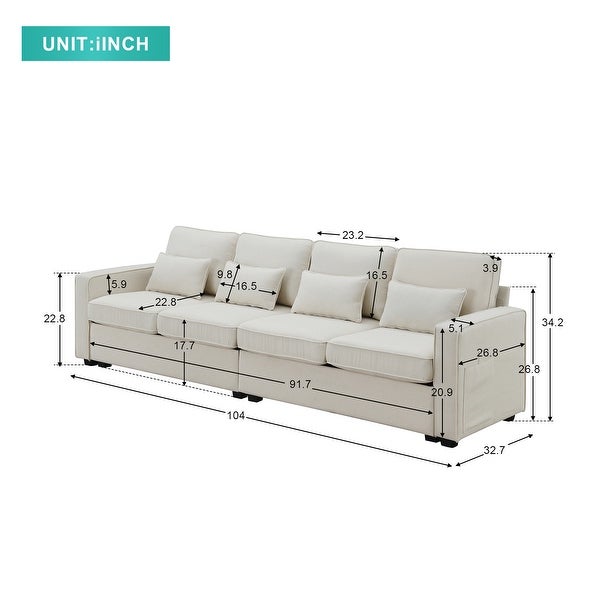 4 Seater Modern Linen Fabric Sofa with Armrest Pockets and 4 Pillows