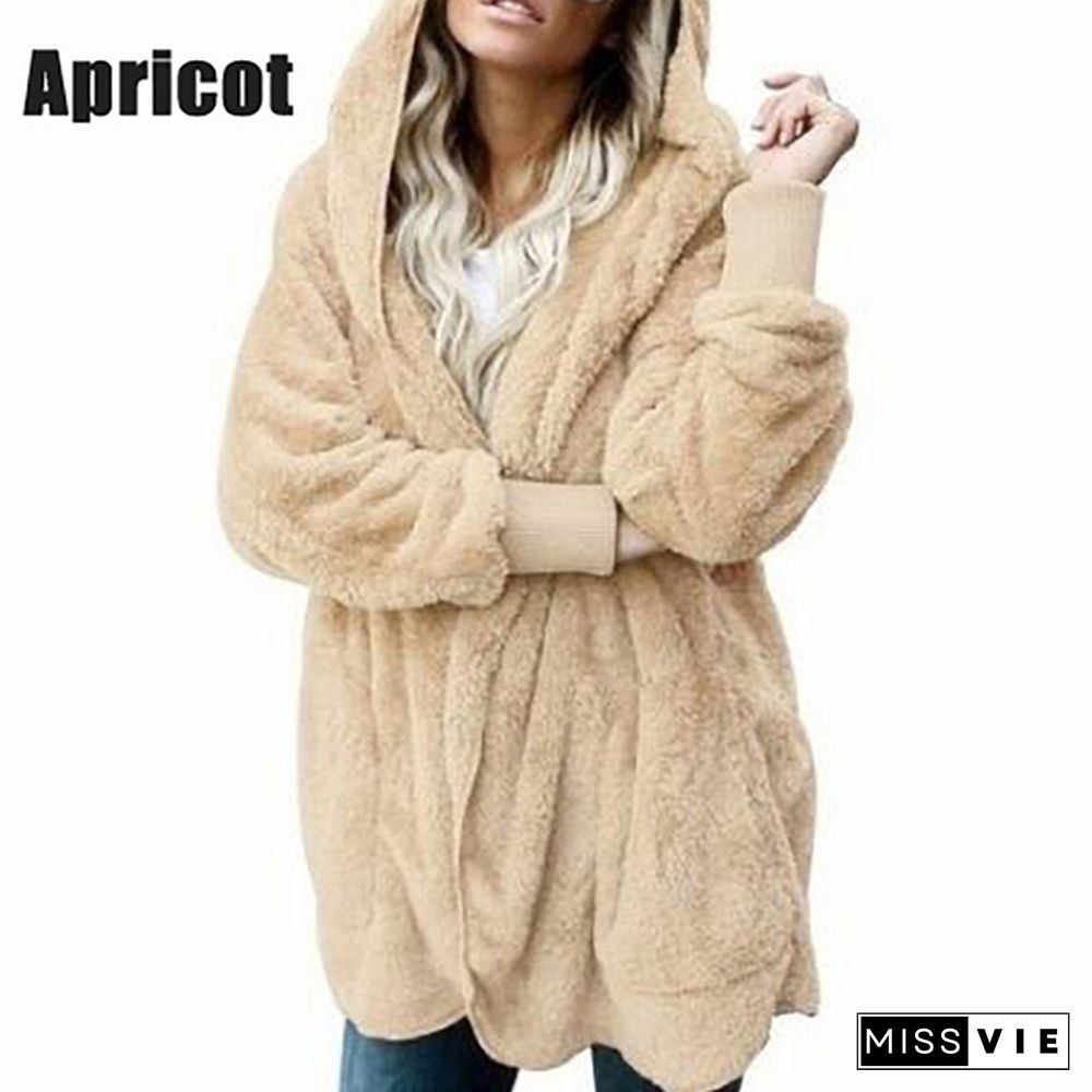 Winter Women’s Fashion Warm Outwear Solid Color Long Sleeve Sweaters Hoodies Coats Loose Plush Cardigan Coat Plus Size Coat