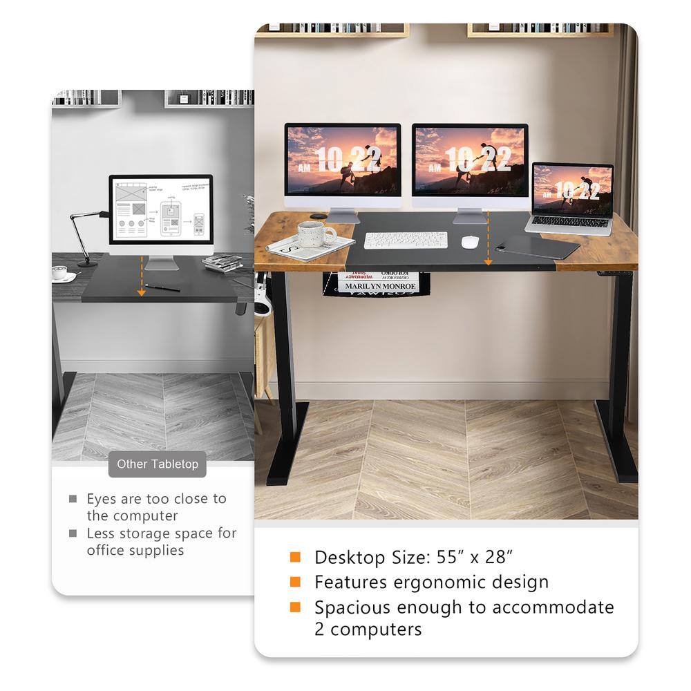 Costway 55 in. Rectangular Black Wood Electric Standing Desk Height Adjustable Sit Stand Desk with USB Port Brown JV10222US-CF