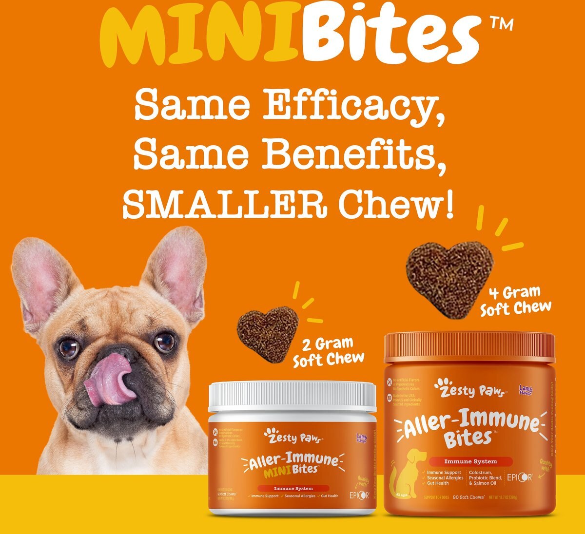 Zesty Paws Aller-Immune Mini Bites Lamb Flavored Soft Chew Allergy and Immune Supplement for Dogs， 90 count