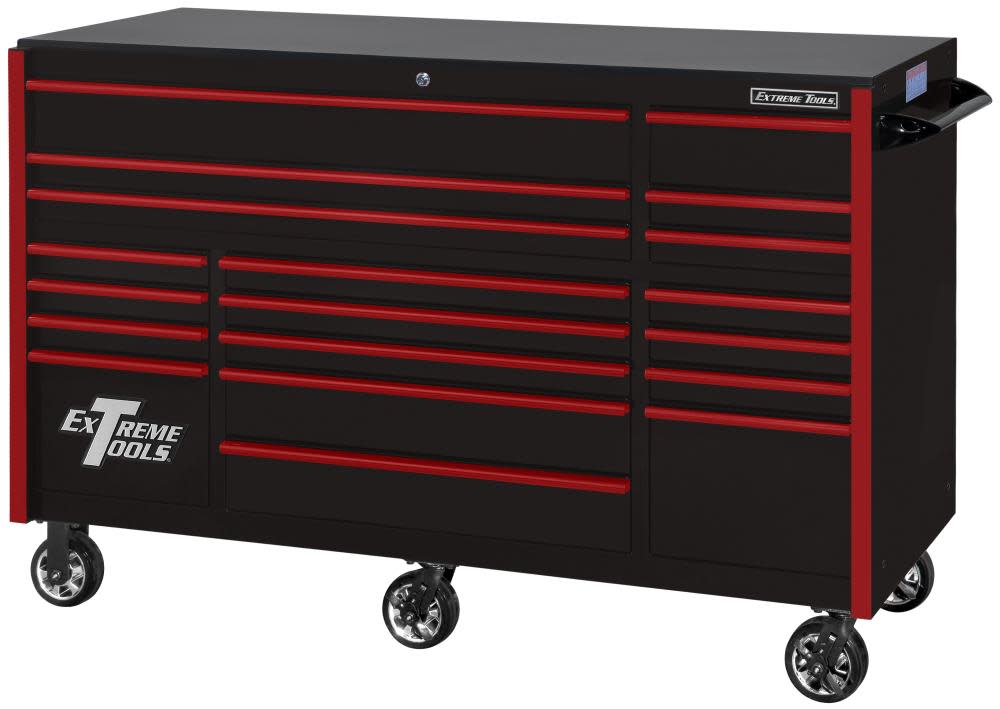 RX Series 72 x 30 19 Drawer Roller Cabinet， Black with Red Drawer Pulls