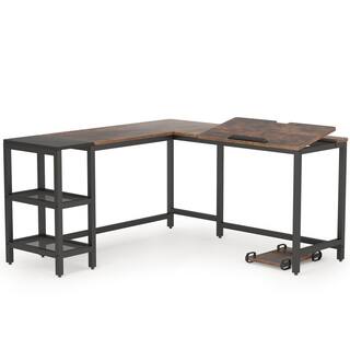 TRIBESIGNS WAY TO ORIGIN Halseey 59.05 in. L-Shape Black Metal Brown Particle Board Wood Top Corner Computer Desk with Storage Shelf HD-JW0222-WZZ