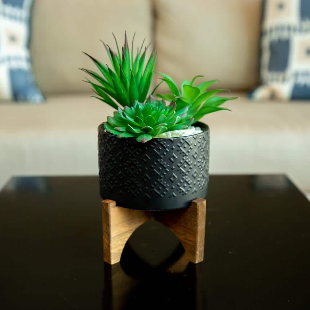 Flora Bunda 5 in. Matte Black Indian Ceramic Planter on Wood Stand Mid-Century Planter CT902E-MTBK