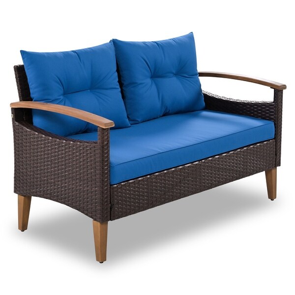 4-Piece PE Rattan Patio Sofa Set， Wood Table and Legs - Overstock - 37510708