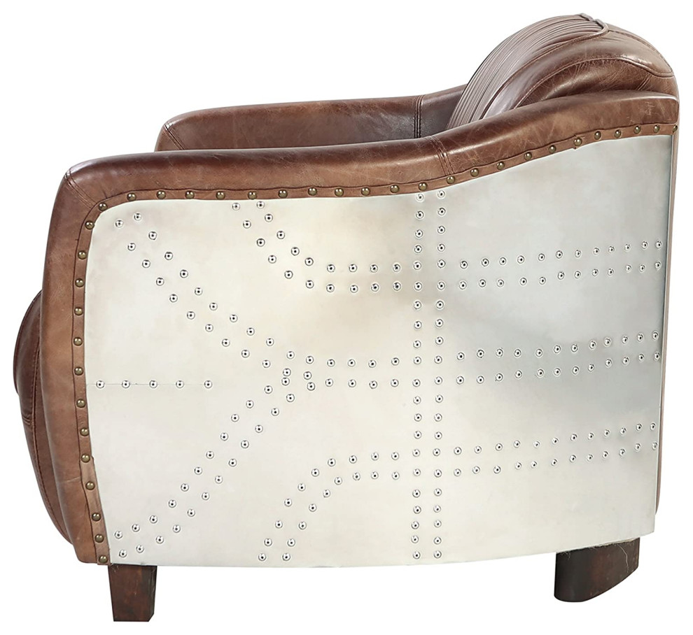 Retro Loveseat  Tufted Grain Leather Seat With Aluminum Exterior Accent  Brown   Industrial   Loveseats   by Decor Love  Houzz