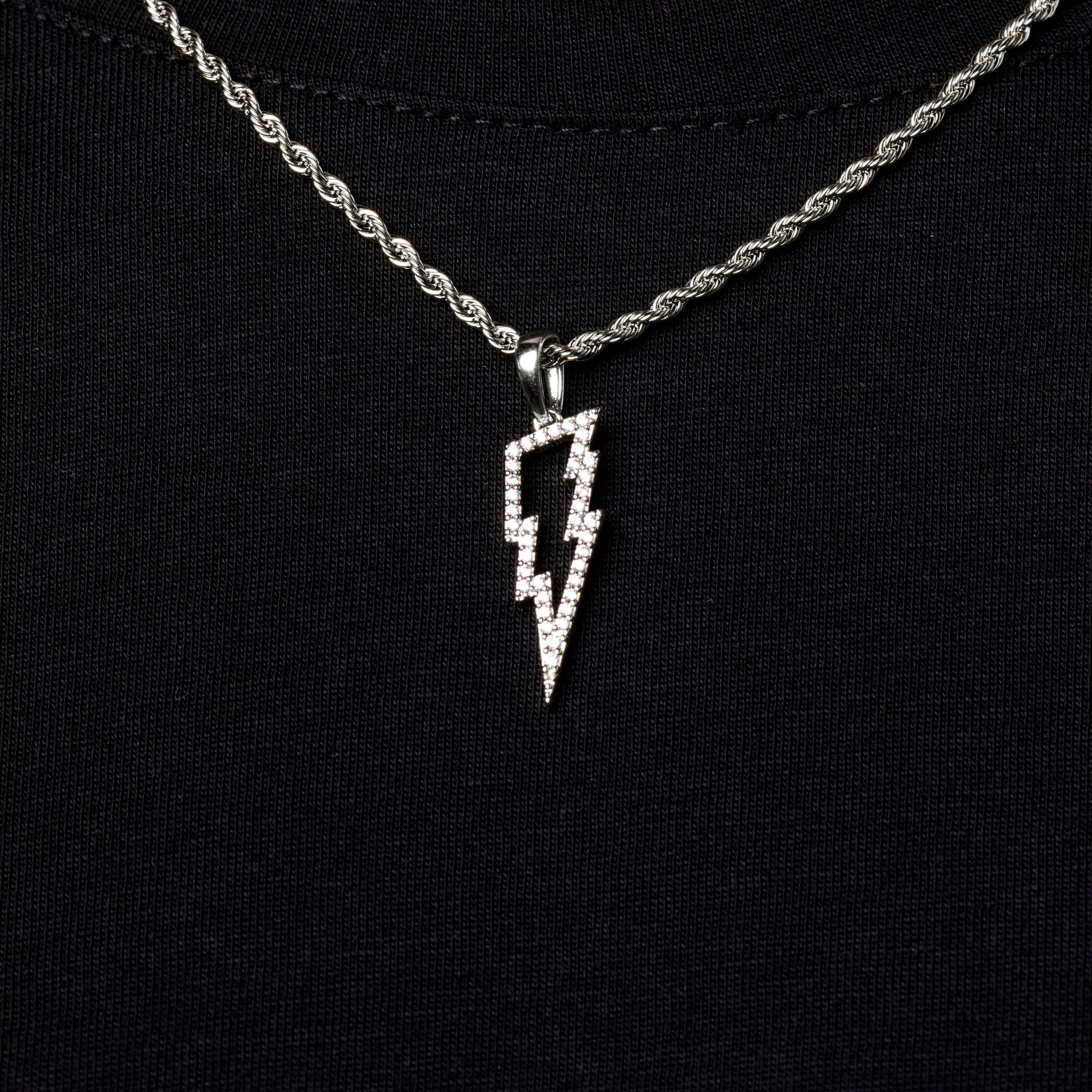 Micro Iced Lightning Bolt Pendant in White Gold