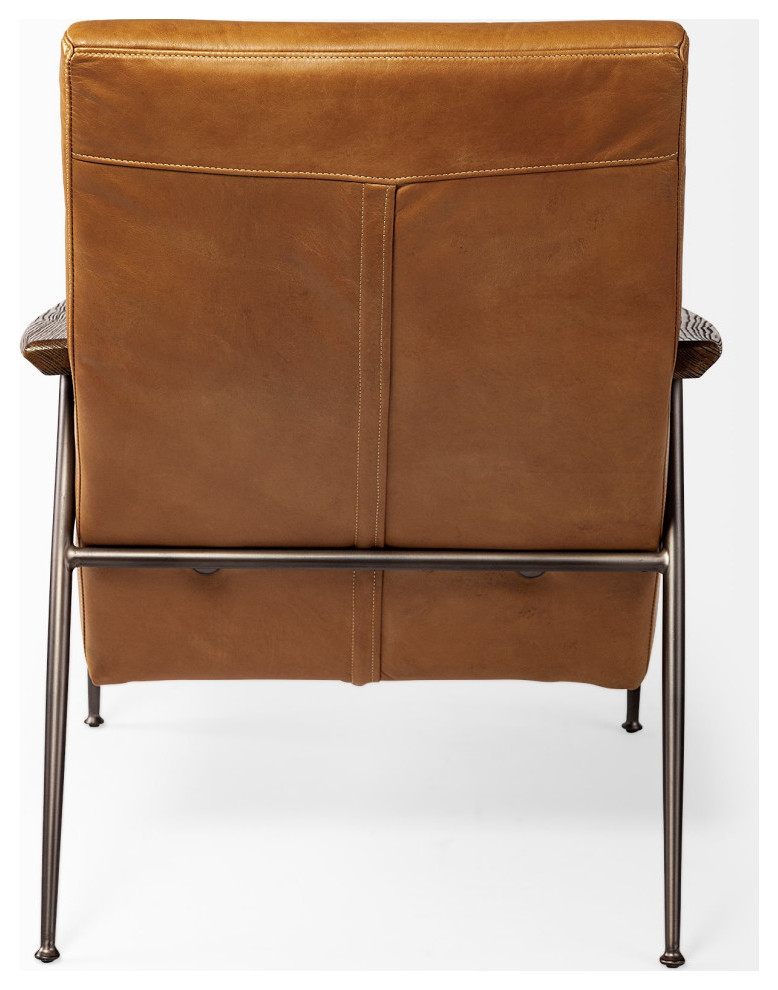 Grosjean Brown Genuine Leather w/ Dark Brown Frame  ampWooden Arms Accent Chair   Midcentury   Armchairs And Accent Chairs   by Mercana  Houzz