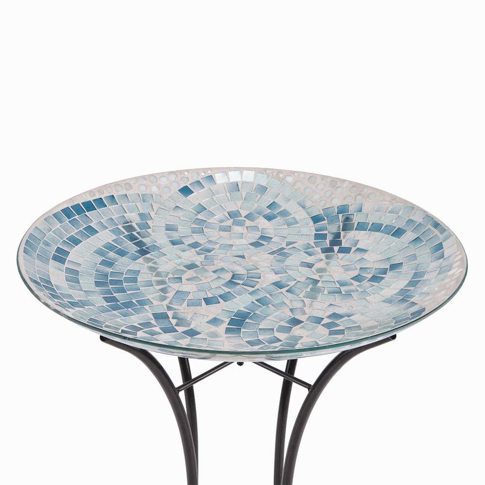 Alpine Corporation 24 in. Tall Outdoor Mosaic Style Glass Birdbath Bowl with Metal Stand, Blue HMD102A