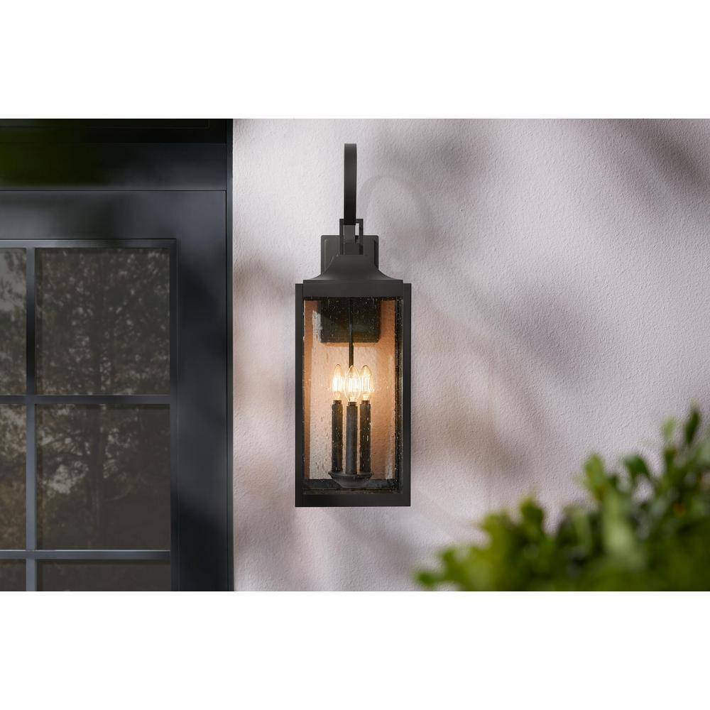 Home Decorators Collection Havenridge 3-Light Matte Black Hardwired Outdoor Wall Lantern Sconce with Seeded Glass (1-Pack) KSZ1603AL-01BS