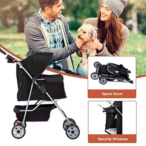 Bestpet 4 Wheels Pet stroller for Cats and Dogs， Folding， Black