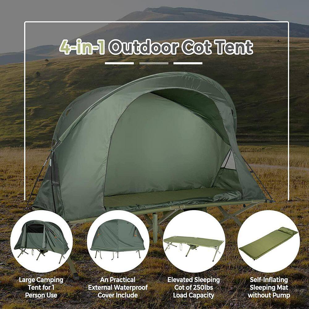 Alpulon 1-Person Green Outdoor Folding Camping Tent Cot Elevated Compact Tent with External Cover ZMWV477