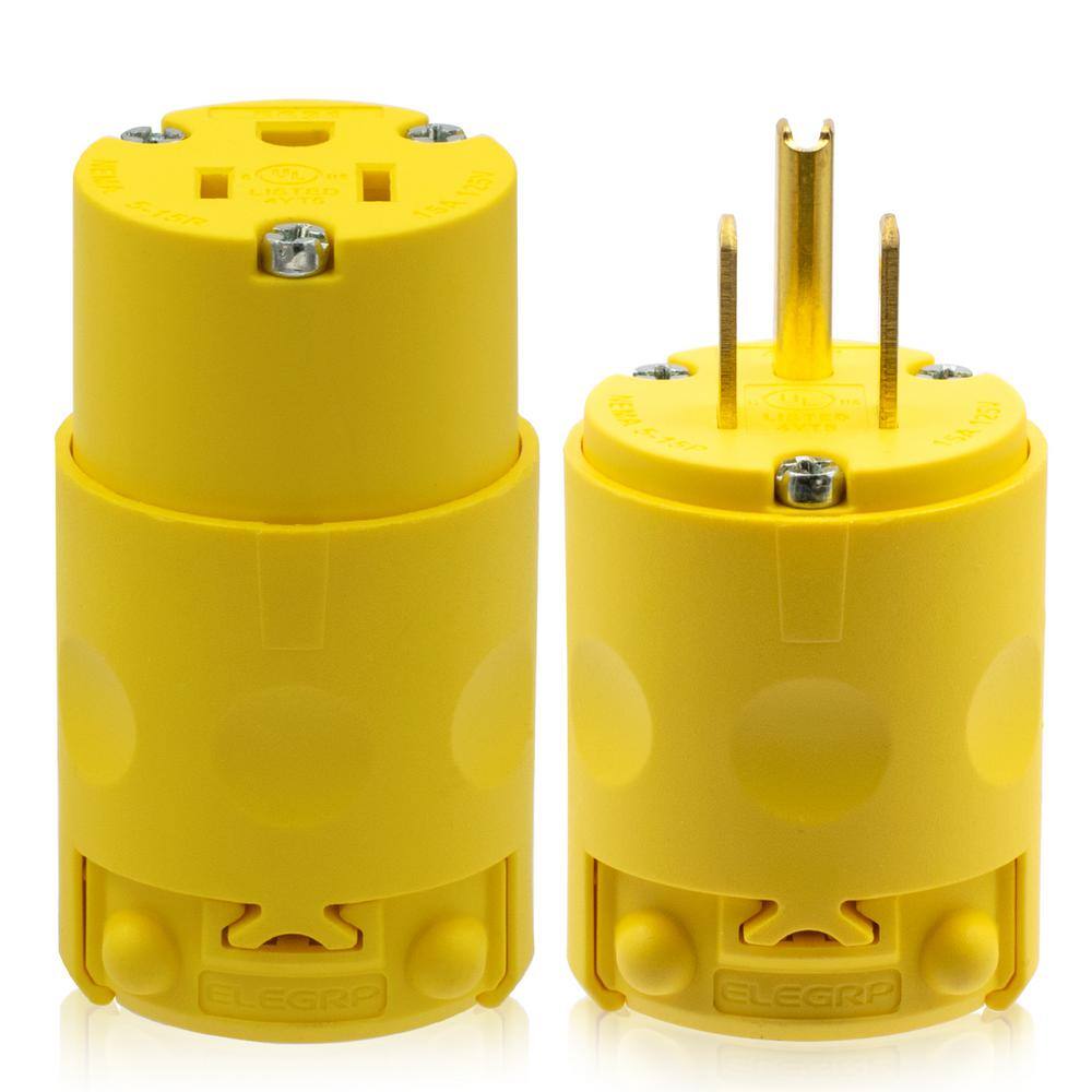 ELEGRP Straight Blade Plug and Connector Set 15 Amp 125 Volt NEMA 5-15P NEMA 5-15R 2 Pole 3 Wire Grounding Yellow (1 Set) EPC31-0701