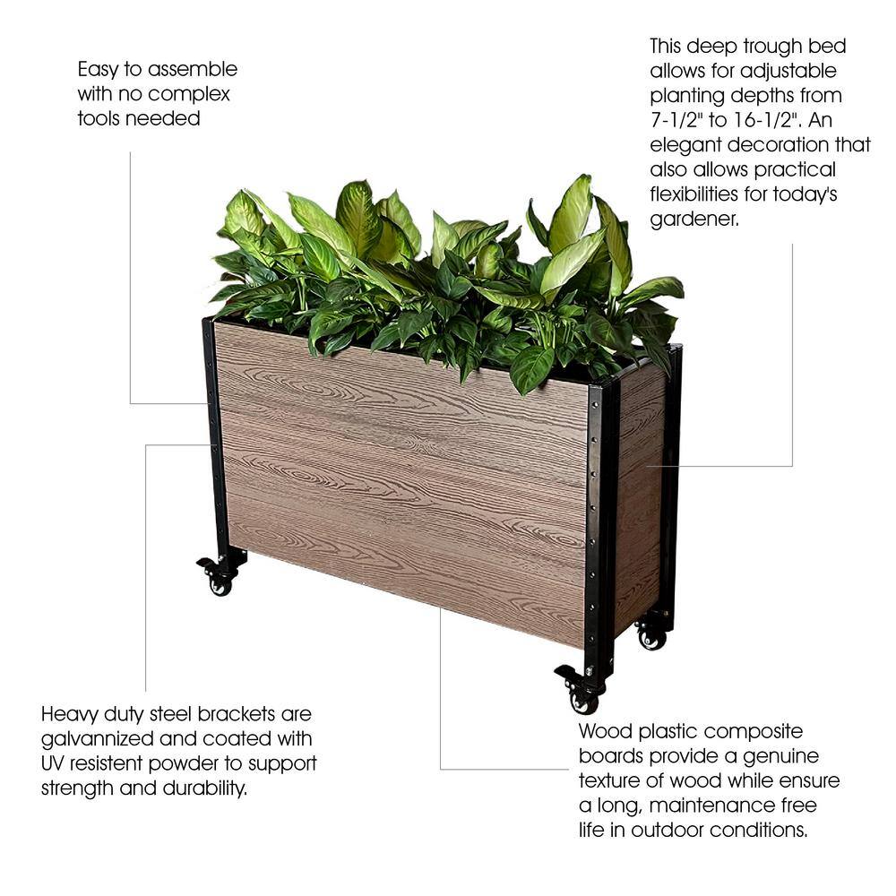 EverBloom 12 in. D x 24 in. Hx 36 in. W Brown and Black Composite Board and Steel Mobile Deep Trough Planter Box Raised Garden Bed K2112