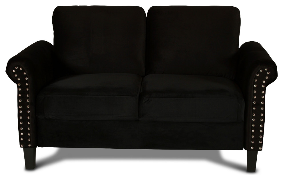 Benzara BM271910 Judy Velvet Upholstered Loveseat With Nailhead Trim  Black   Transitional   Loveseats   by VirVentures  Houzz