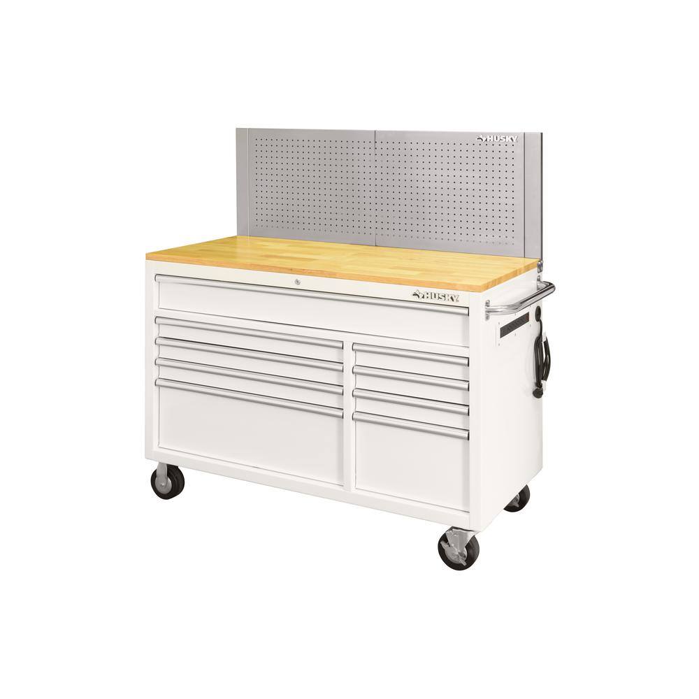 Husky 52 in. W x 24.5 in. D 9-Drawer Standard Duty Mobile Workbench Tool Chest with Solid Work Top and Pegboard in Gloss White HOTC5209BJ2M