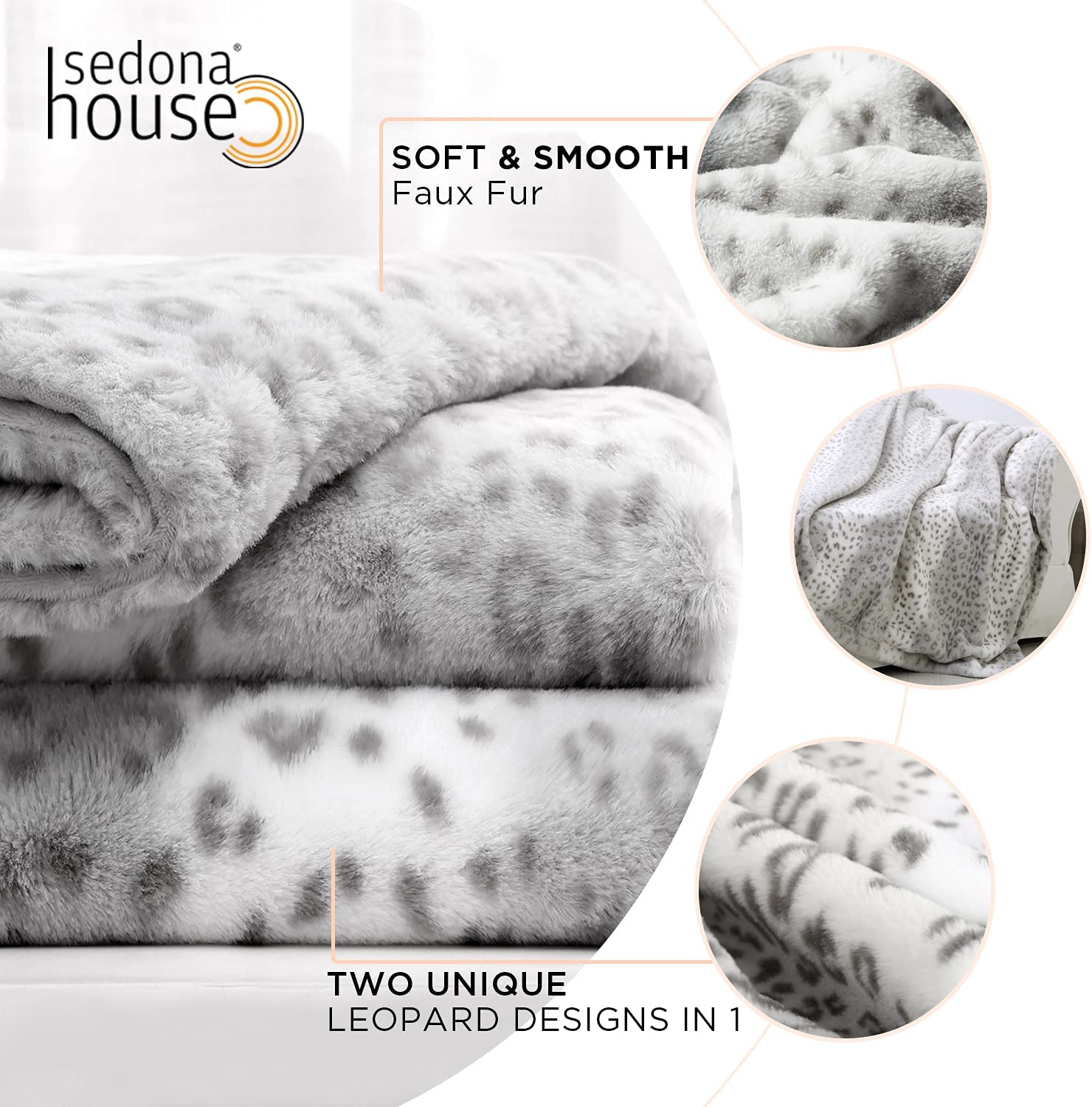 Sedona House Fuzzy Faux Fur Cheetah Throw Blanket，Lightweight Plush Cozy Soft Microfiber for Couch Travel，50 by 60-Inch，Grey Snow Leopard