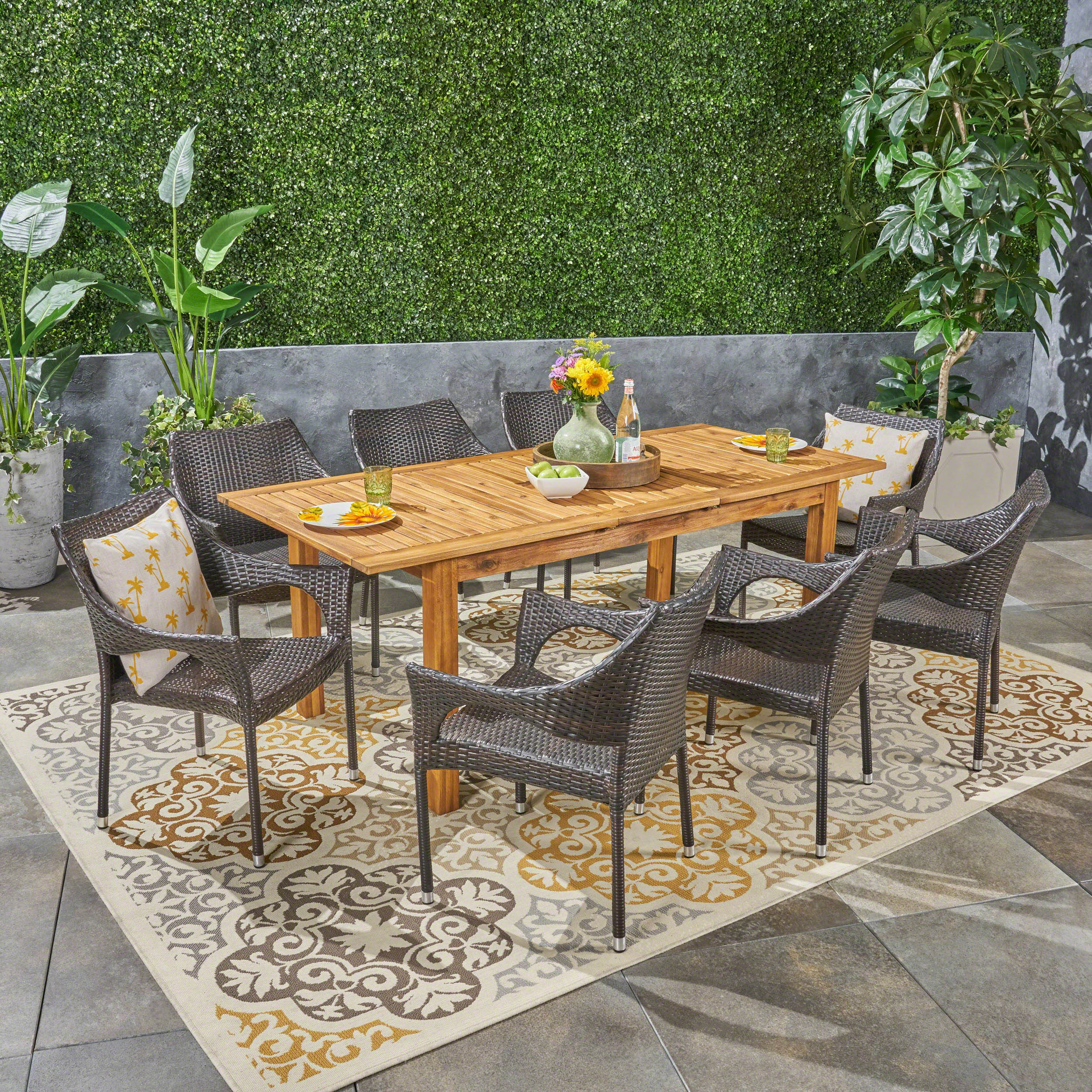 Kelly Outdoor Wood and Wicker Expandable Dining Set