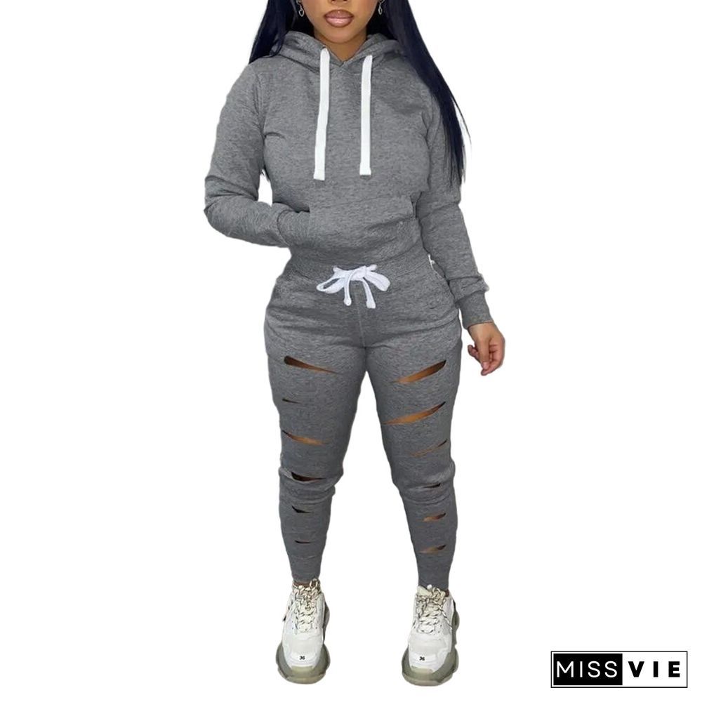 Streetwear Gray Hoodies Holes Sweatpants 2 Pcs Sets