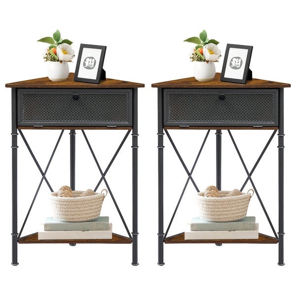 Set of 2 Industrial Triangle Side Table Corner Table with Storage Shelf， Rustic Brown