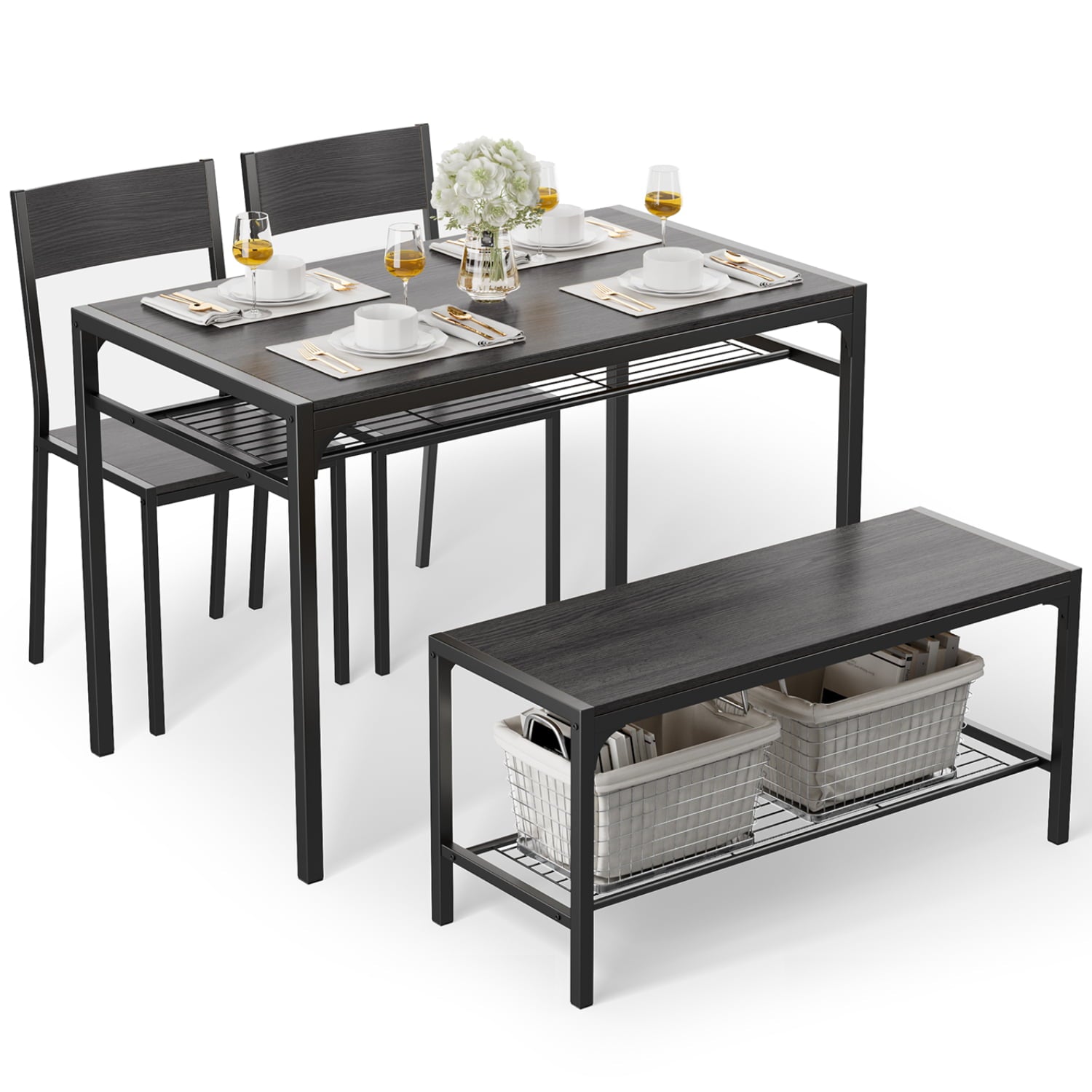 Aiho 4 Piece Kitchen Table with 2 Chairs and Bench for Dining Room, Black