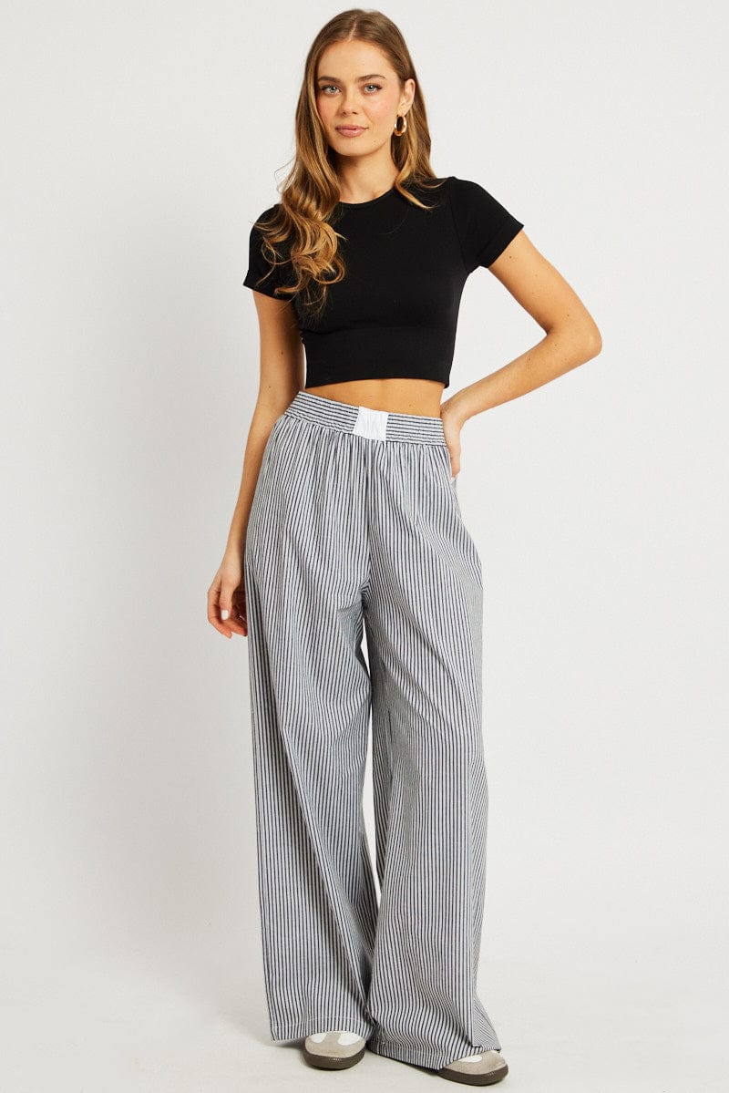 Grey Stripe Wide Leg Pants High Rise