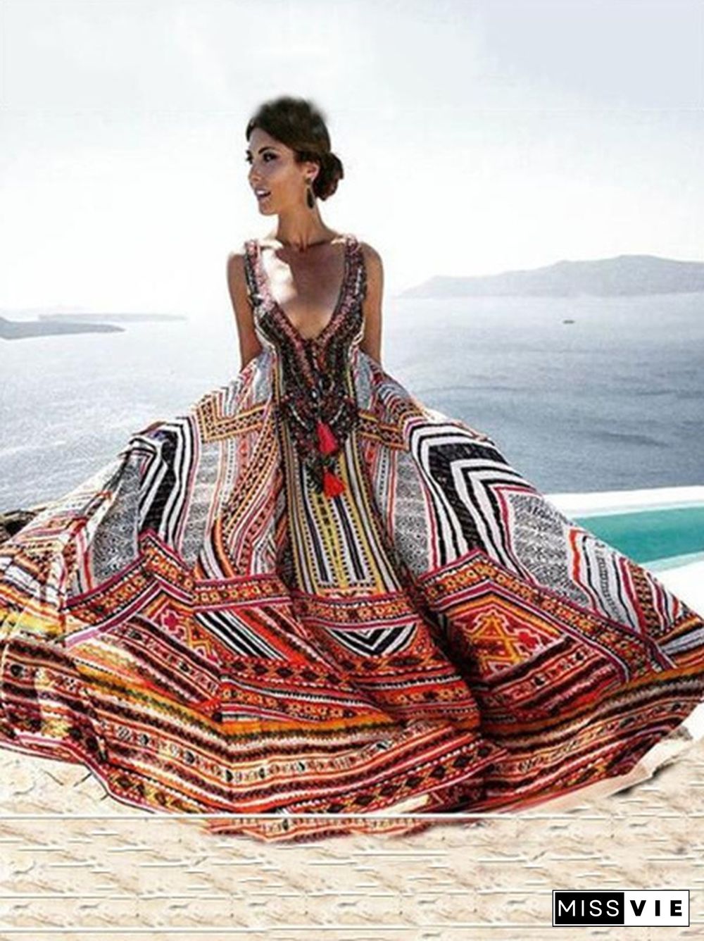 New Vintage Women's Boho Floral V Neck Long Maxi Dress Summer Beach Party Sundress