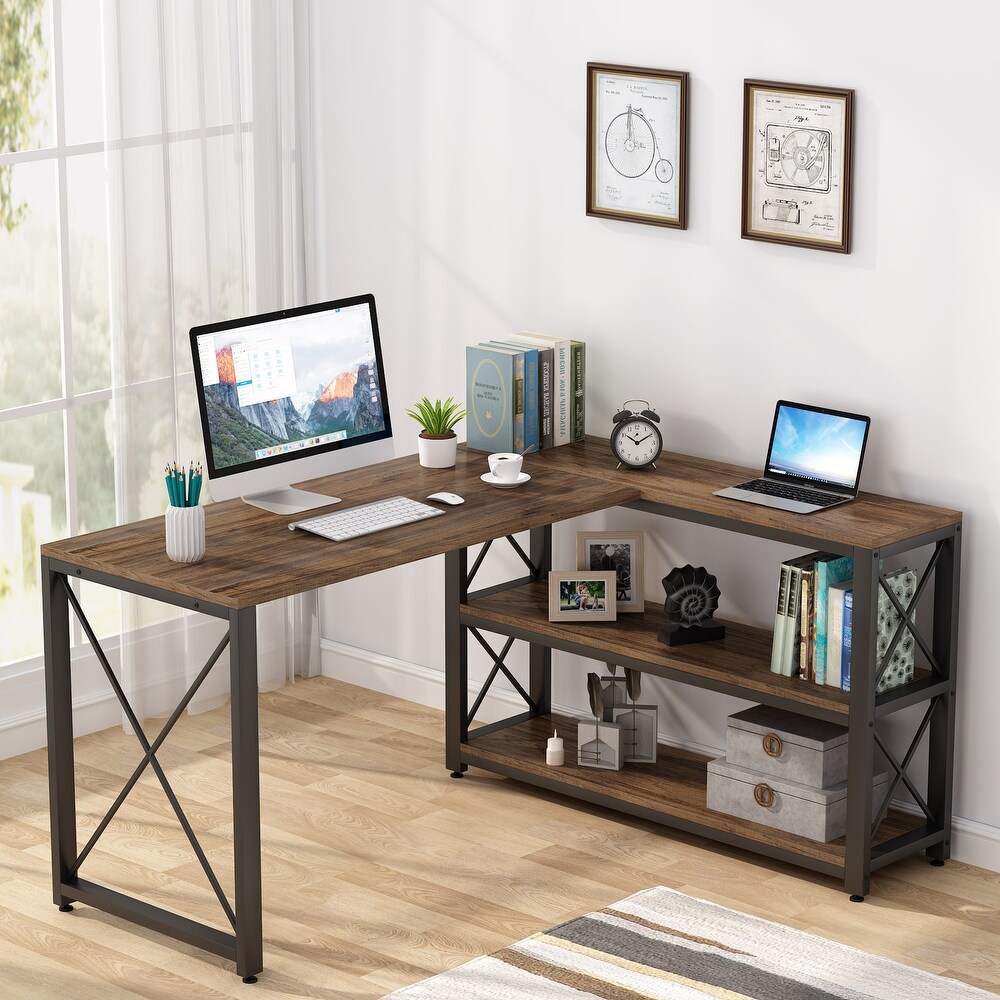 Industrial L Shaped Desk with Storage Shelves  Corner Computer Desk PC Laptop Study Table Workstation