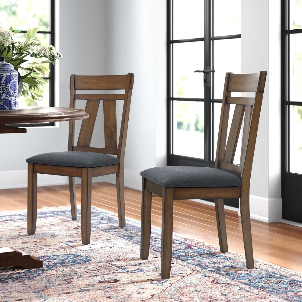 Modern Farmhouse Natural Rubberwood Upholstered Gray Seat Dining Chair  Set of 2